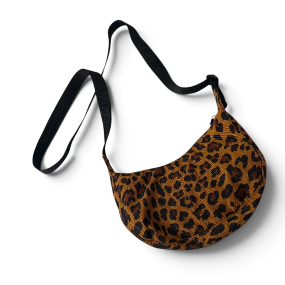 BAGGU Small Nylon Crescent Bag Brown Leopard Animal Print Crossbody Purse
